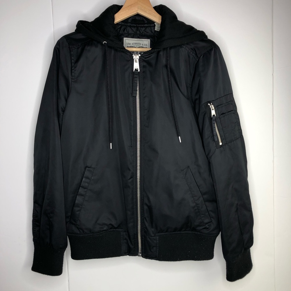 Levis Bomber Jacket Hoodie Mens Sz S Black Softshell Full Zip Hooded Quilt Lined